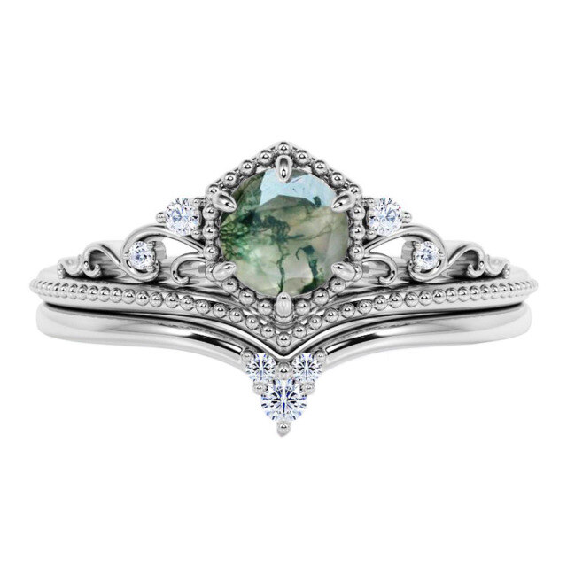 Anel de noivado personalizado com coroa de prata 0,5-0,8 quilates de ágata musgo verde natural 925-0