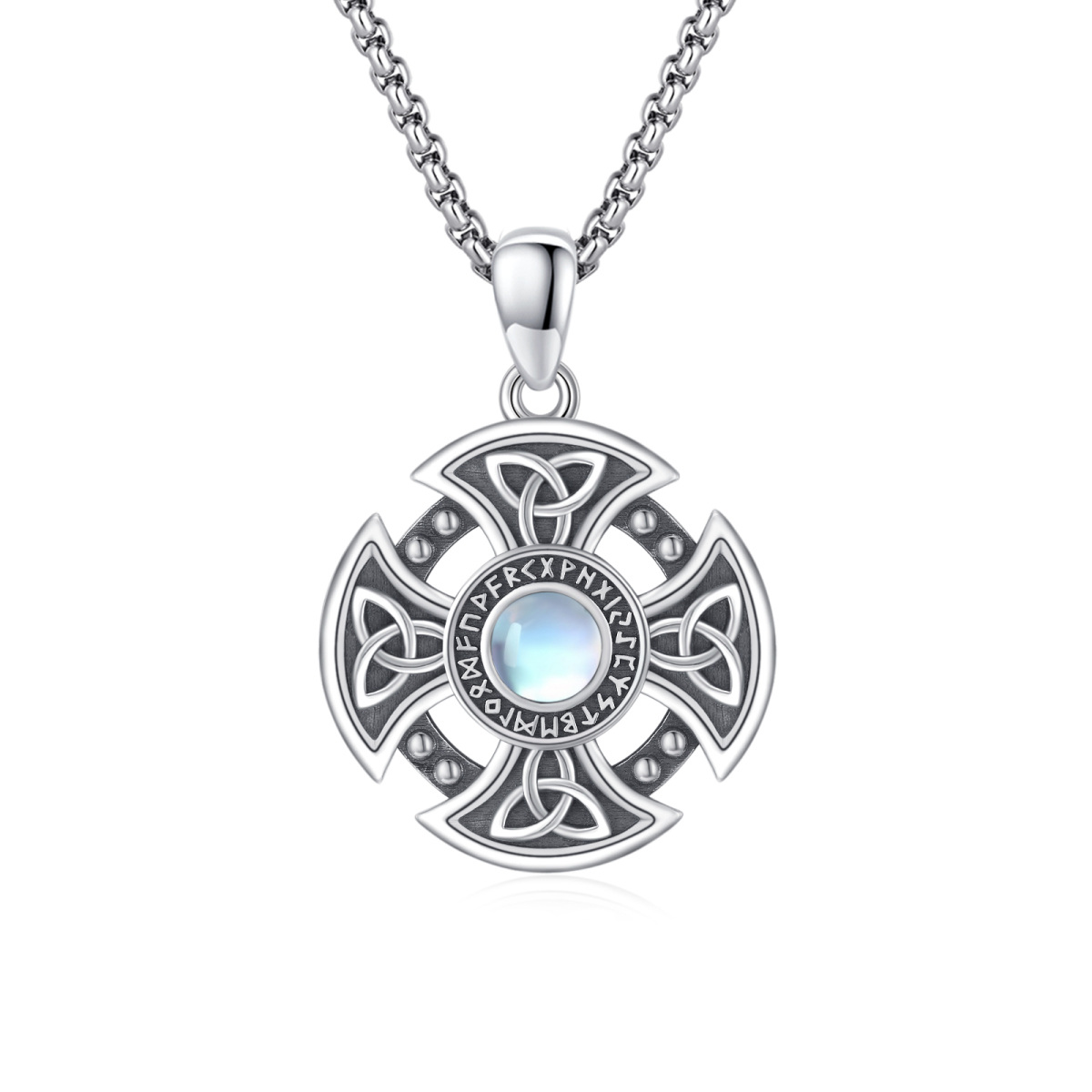 Sterling Silver Circular Shaped Moonstone Celtic Knot & Cross & Viking Rune Pendant Necklace-1