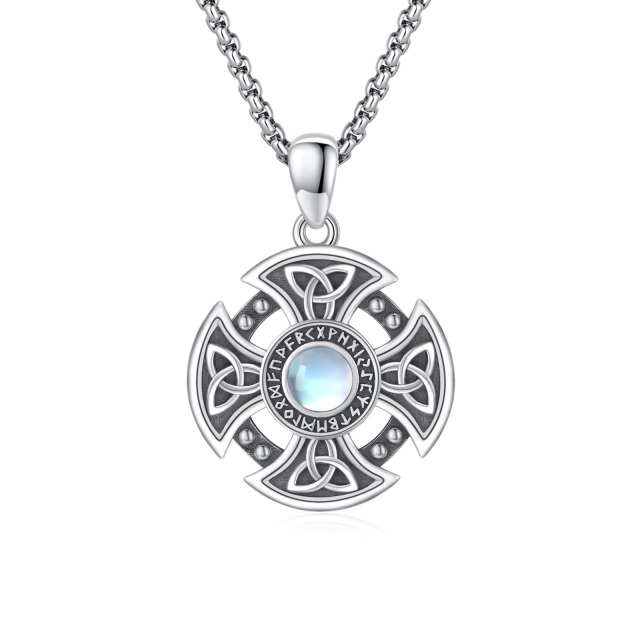 Sterling Silver Circular Shaped Moonstone Celtic Knot & Cross & Viking Rune Pendant Necklace-0
