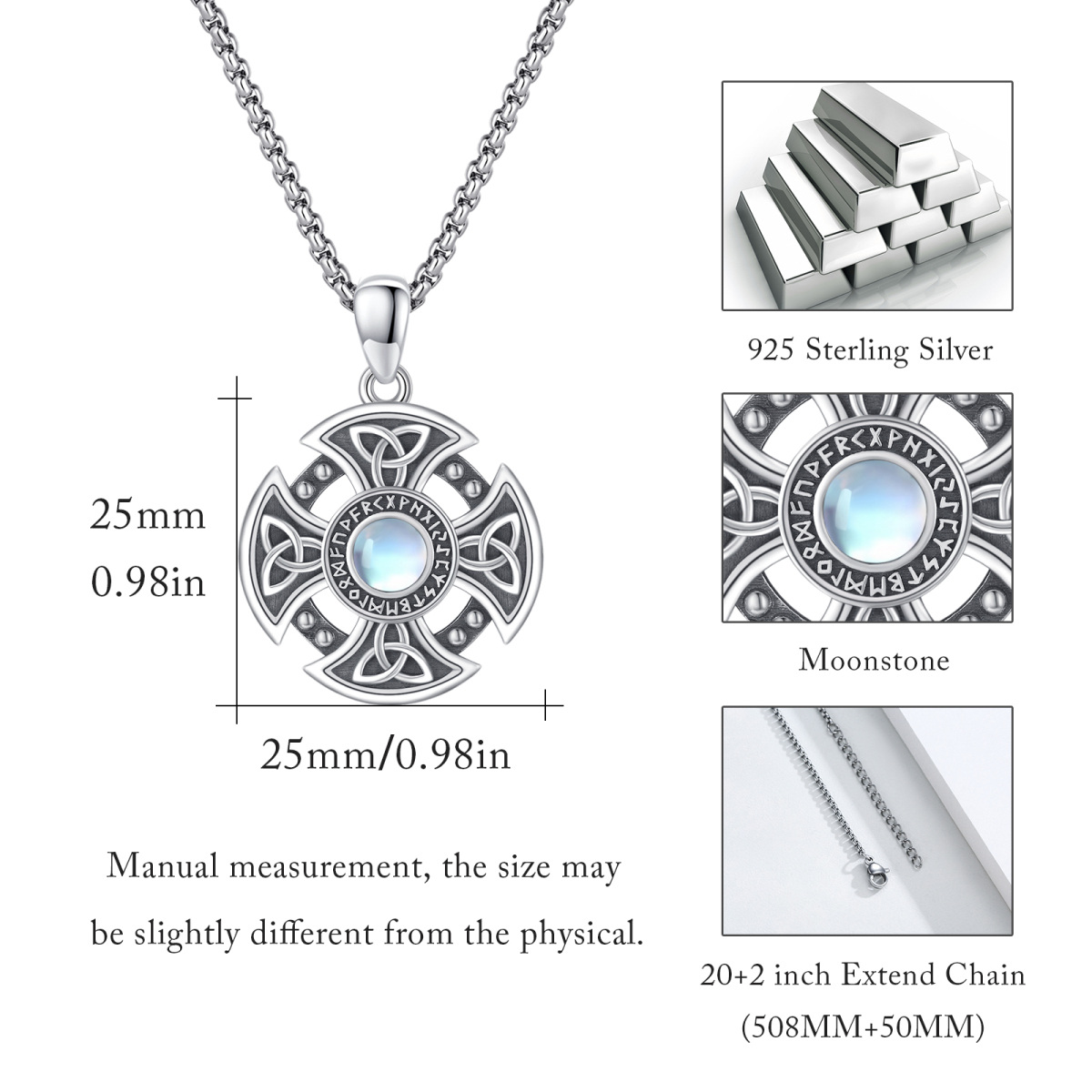 Sterling Silver Circular Shaped Moonstone Celtic Knot & Cross & Viking Rune Pendant Necklace-6