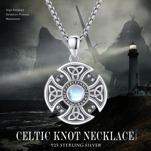 Sterling Silver Circular Shaped Moonstone Celtic Knot & Cross & Viking Rune Pendant Necklace-4