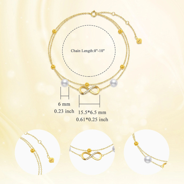 Tobilleras con dijes de múltiples capas Infinity de oro de 14 quilates con perlas para mujer-3