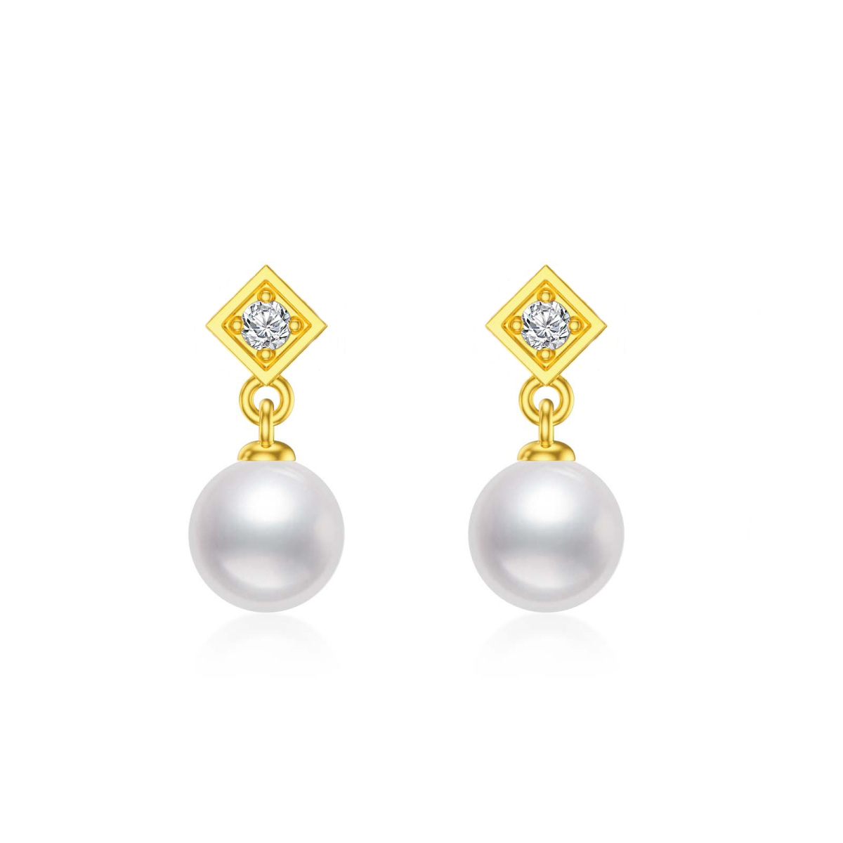 14K Gold Round Cubic Zirconia & Pearl Drop Earrings-1