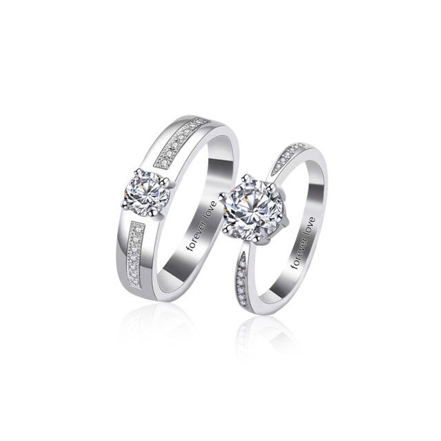 Sterling Silver Round Zircon Couple Couple Rings-0