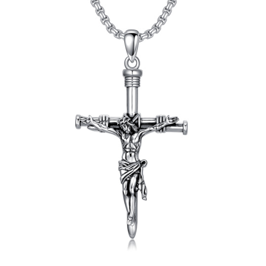 Colar de prata esterlina com pingente de Jesus e cruz de pregos para homem