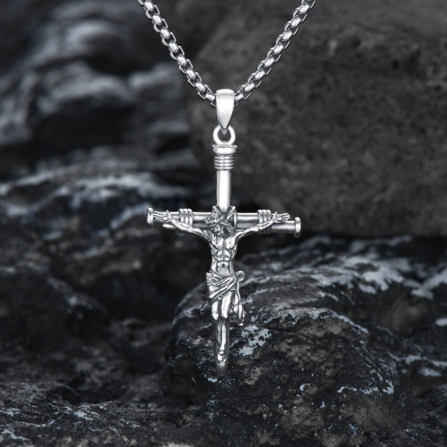 Collana con ciondolo Gesù e croce ungueale in argento sterling per uomo-3