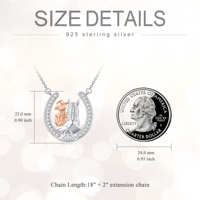 Sterling Silver with Rose Gold Plated Round Zircon Horse Pendant Necklace-4