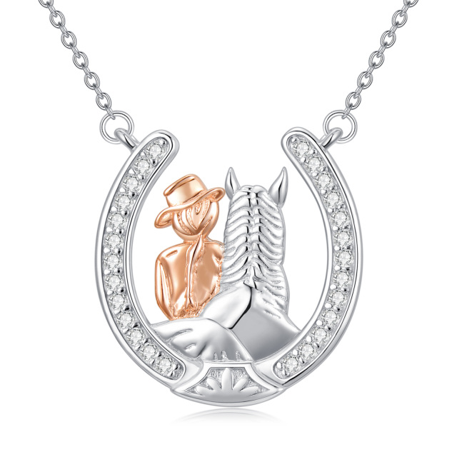 Sterling Silver with Rose Gold Plated Round Zircon Horse Pendant Necklace-0