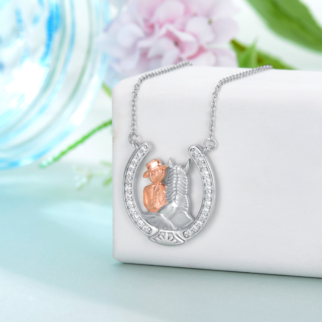 Sterling Silver with Rose Gold Plated Round Zircon Horse Pendant Necklace-3