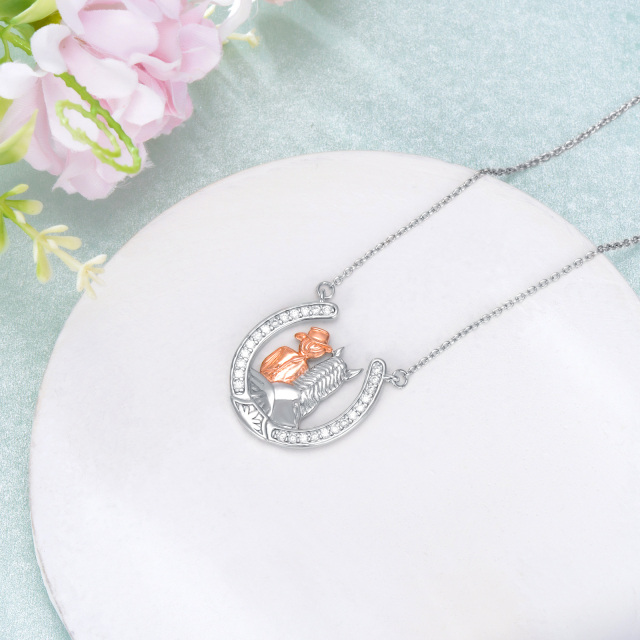 Sterling Silver with Rose Gold Plated Round Zircon Horse Pendant Necklace-2