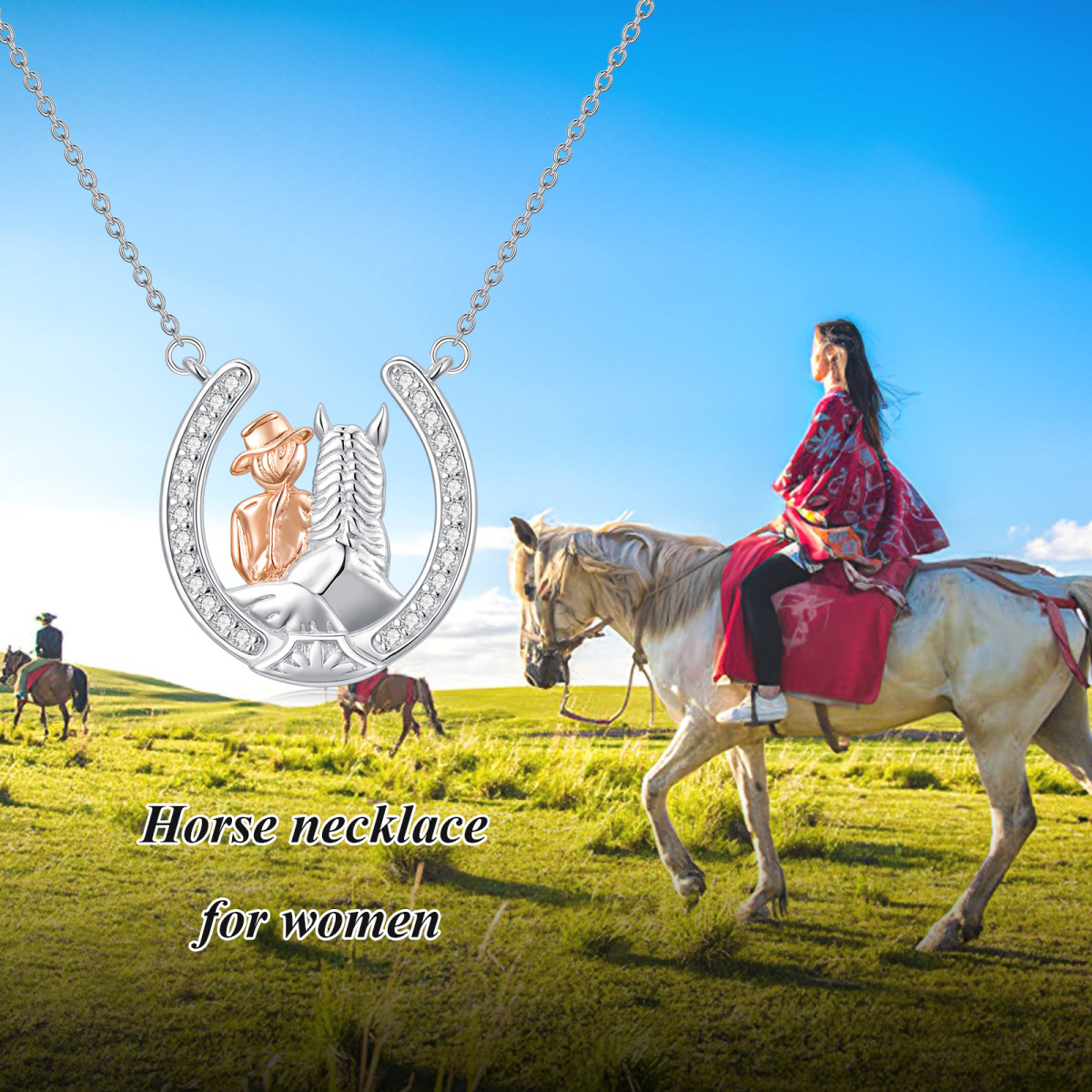 Sterling Silver with Rose Gold Plated Round Zircon Horse Pendant Necklace-6