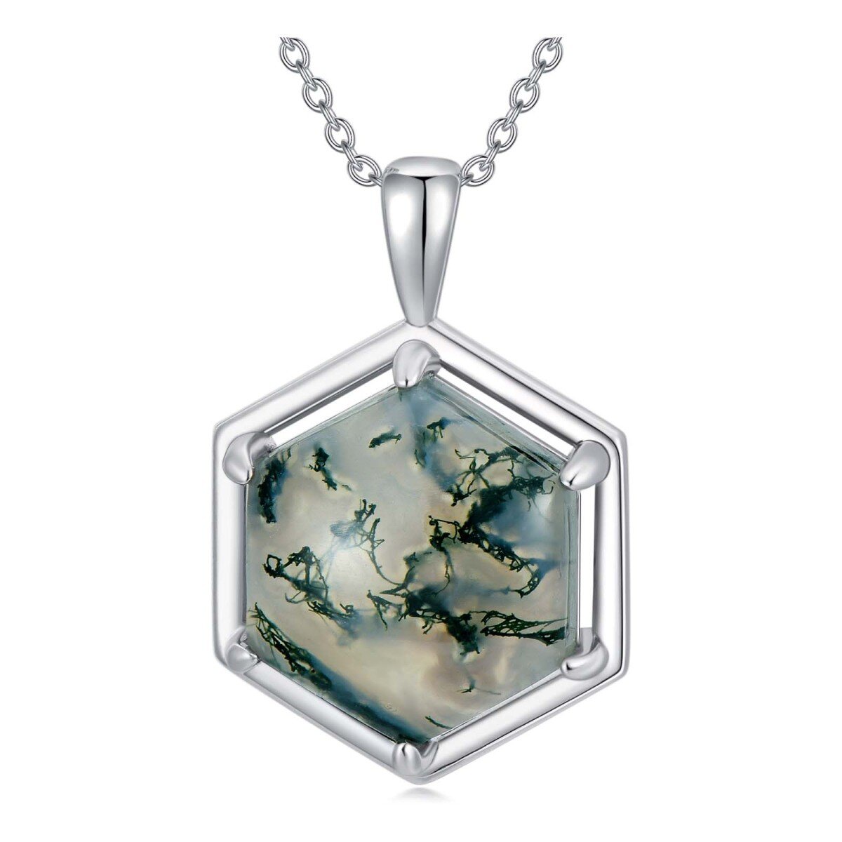 Sterling Silver Moss Agate Pendant Necklace-1
