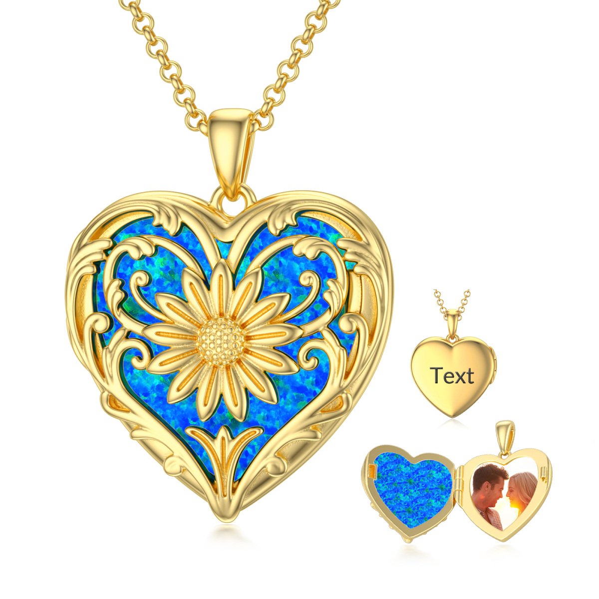 Sterling Silver with Yellow Gold Plated Opal Sunflower Heart Shaped Personalized Photo Locket Necklace-1