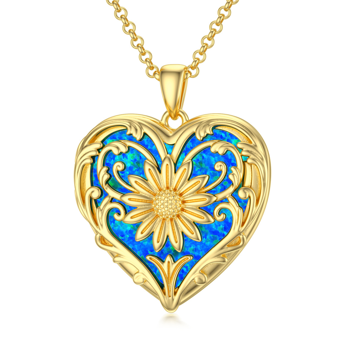 10K Gold Opal Sunflower & Heart Personalized Photo Locket Necklace-1