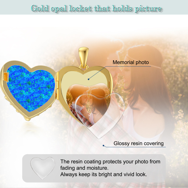 Colar de medalhão fotográfico personalizado em ouro de 10K com opala, girassol e coração-4