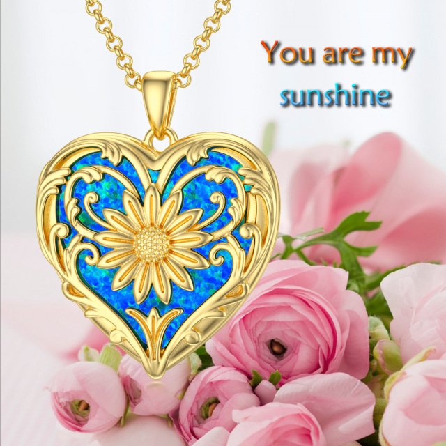 10K Gold Opal Sunflower & Heart Personalized Photo Locket Necklace-5