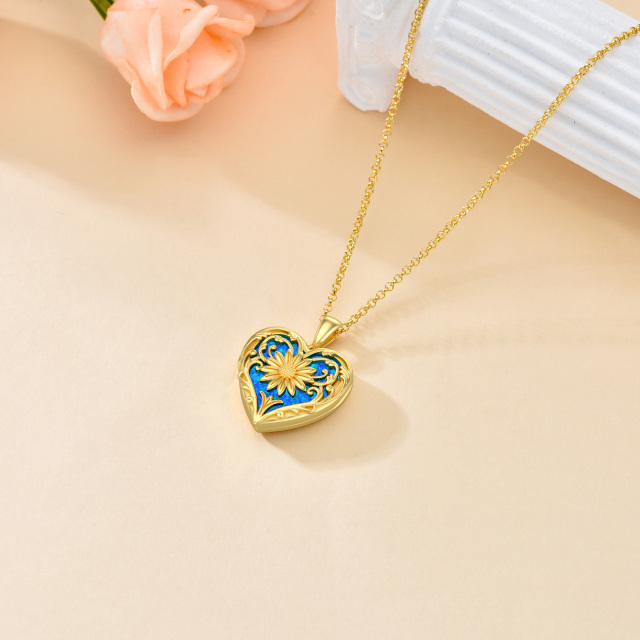 10K Gold Opal Sunflower & Heart Personalized Photo Locket Necklace-3