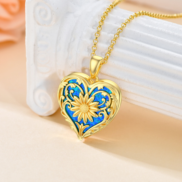 10K Gold Opal Sunflower & Heart Personalized Photo Locket Necklace-2