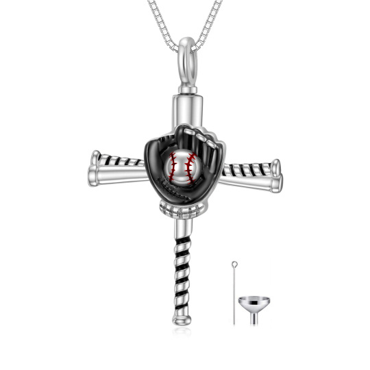 Sterling Silver Two-tone Baseball & Cross Urn Necklace for Ashes