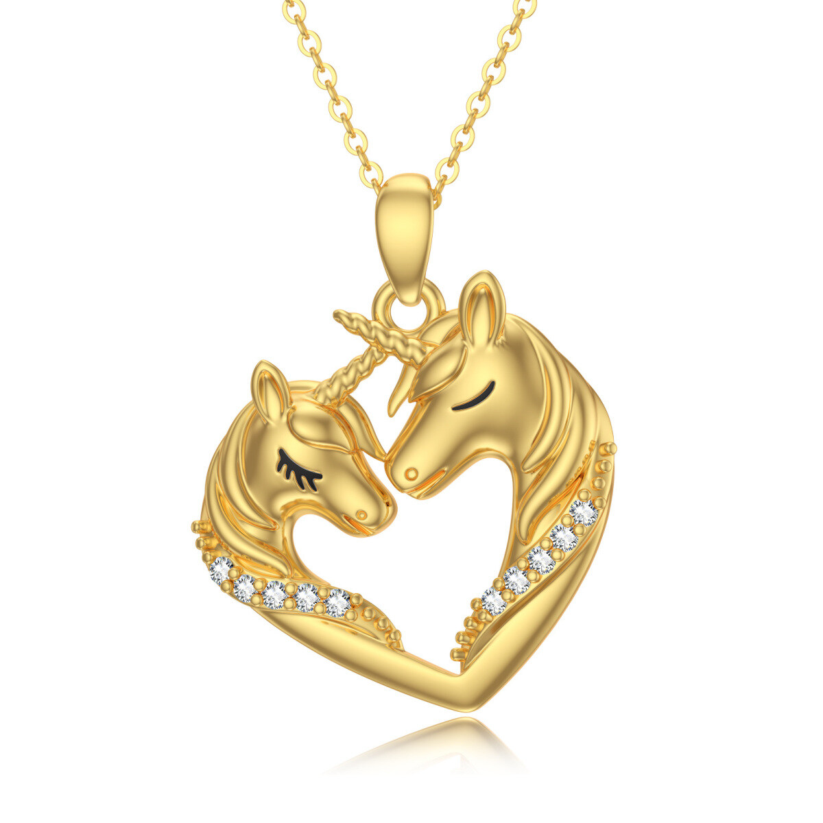 14K Gold Round Cubic Zirconia Heart & Unicorn Pendant Necklace-1