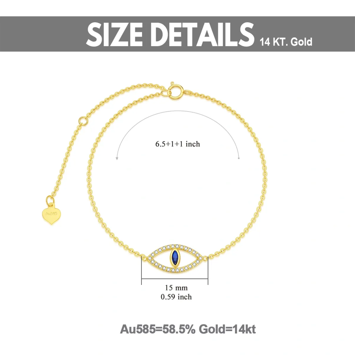14K Gold Cubic Zirconia Evil Eye Pendant Bracelet-5