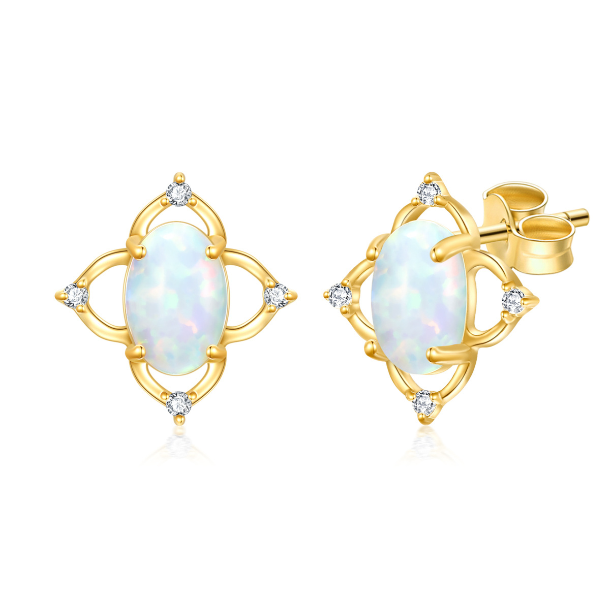 14K Gold Oval Shaped Opal Wildflowers & Oval Shaped Stud Earrings-1