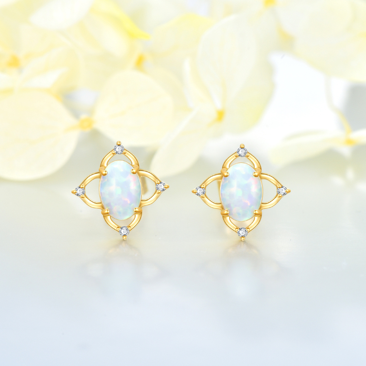 14K Gold Oval Shaped Opal Wildflowers & Oval Shaped Stud Earrings-3