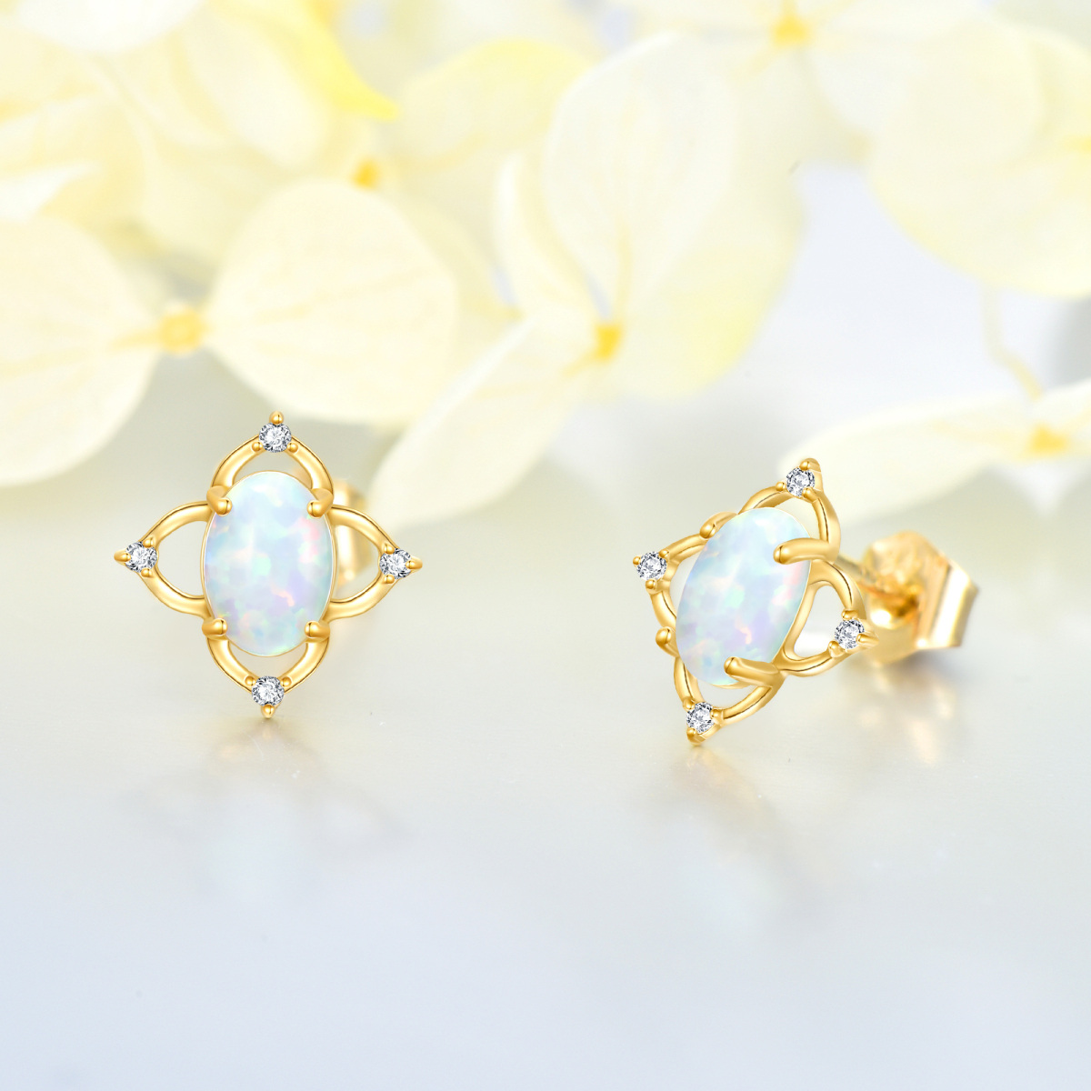 14K Gold Oval Shaped Opal Wildflowers & Oval Shaped Stud Earrings-4