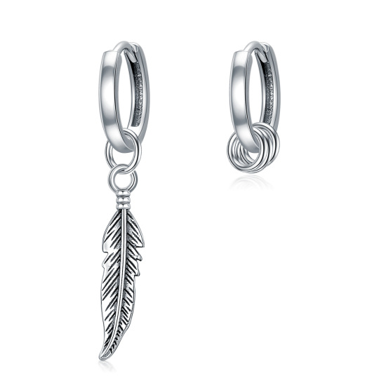 Sterling Silver Feather Hoop Drop Earrings for Women Men