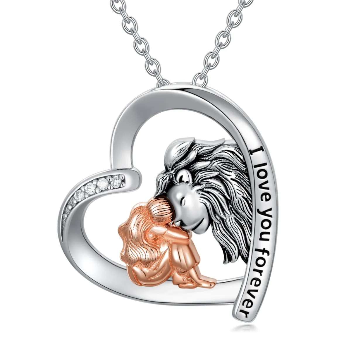 Sterling Silver Two-tone Circular Shaped Cubic Zirconia Lion & Heart Pendant Necklace with Engraved Word-1