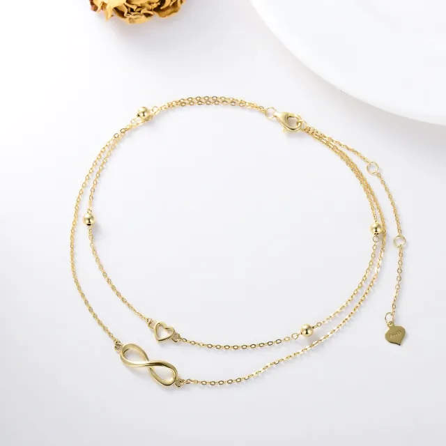 Bracelet de cheville à breloques multicouches en or 14 carats avec perles en forme de cœur infini, cadeau d'anniversaire pour femme-2