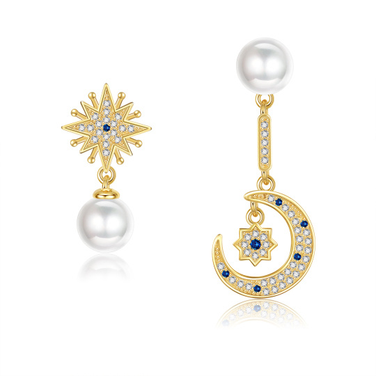 Sterling Silver with Yellow Gold Plated Circular Shaped Cubic Zirconia & Pearl Moon & Star Drop Earrings