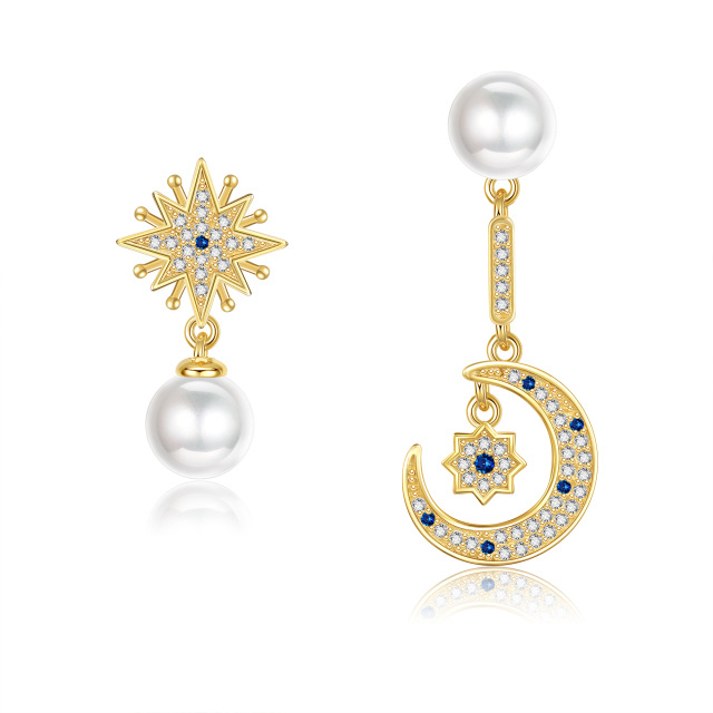 Sterling Silver with Yellow Gold Plated Circular Shaped Cubic Zirconia & Pearl Moon & Star Drop Earrings-1