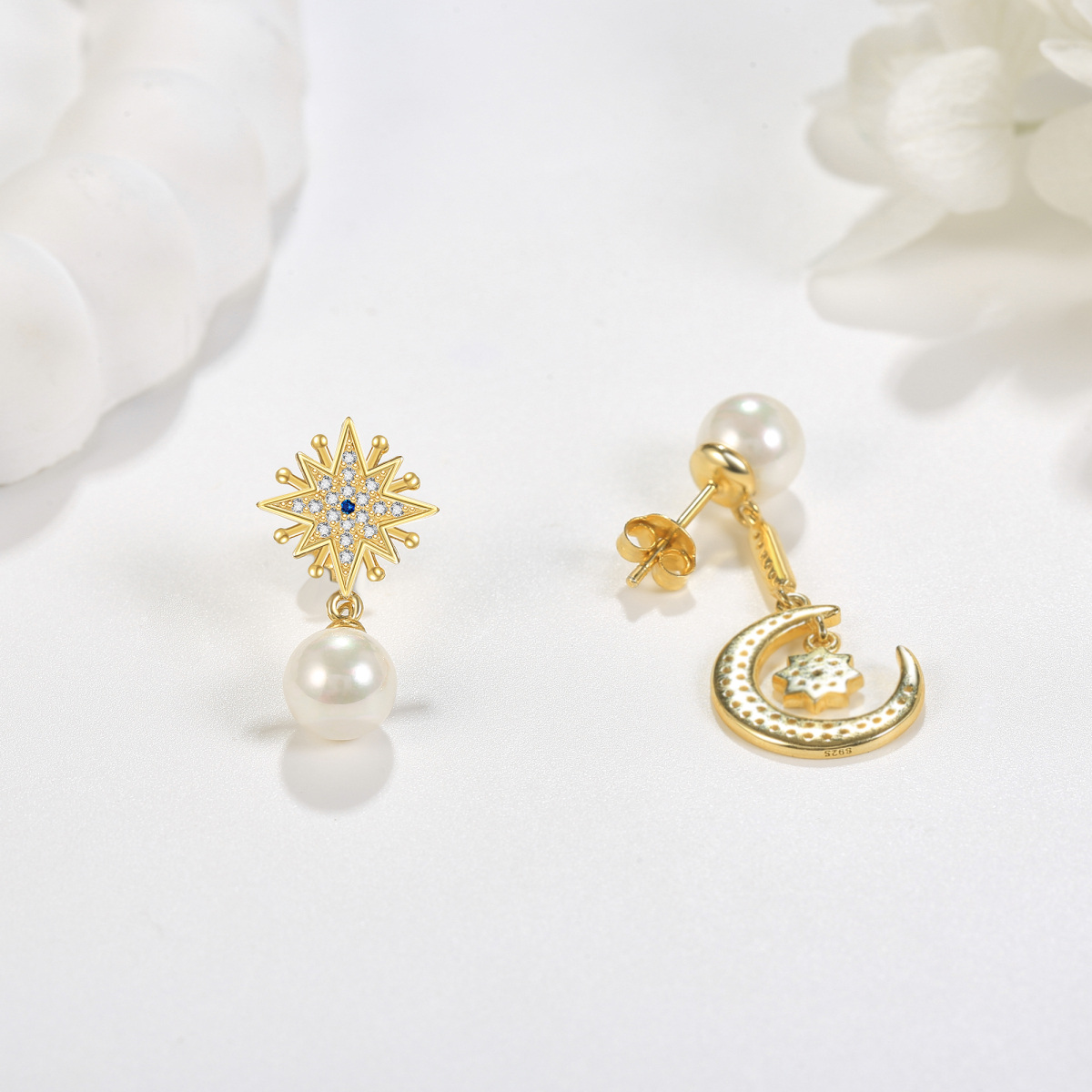 Sterling Silver with Yellow Gold Plated Circular Shaped Cubic Zirconia & Pearl Moon & Star Drop Earrings-4