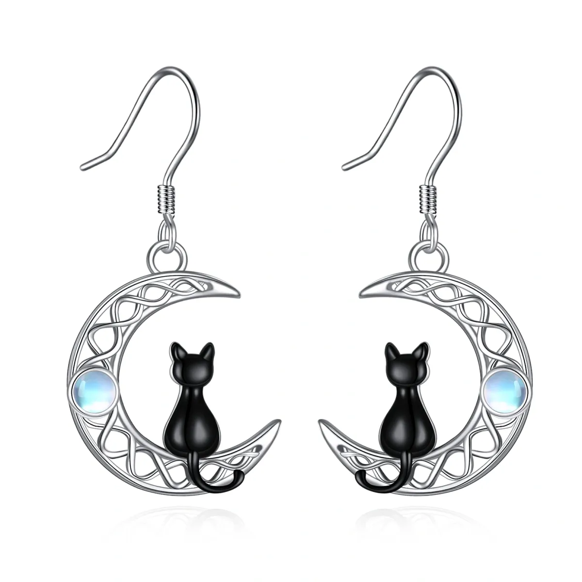 Boucles d'oreilles argent bicolores en forme de chat, nœud celtique et lune en pierre de l-1