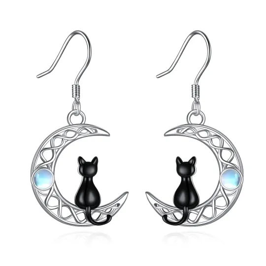 Sterling Silver Two-tone Circular Shaped Moonstone Cat & Celtic Knot & Moon Drop Earrings