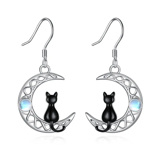 Sterling Silver Two-tone Circular Shaped Moonstone Cat & Celtic Knot & Moon Drop Earrings-1
