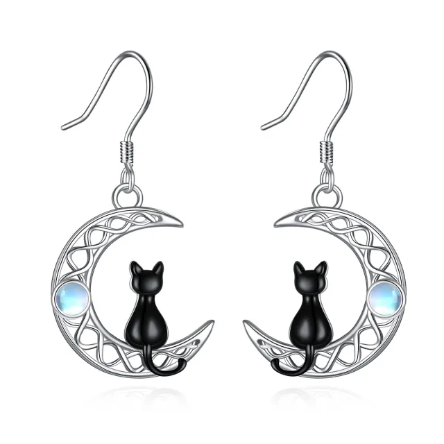 Sterling Silver Two-tone Circular Shaped Moonstone Cat & Celtic Knot & Moon Drop Earrings-4