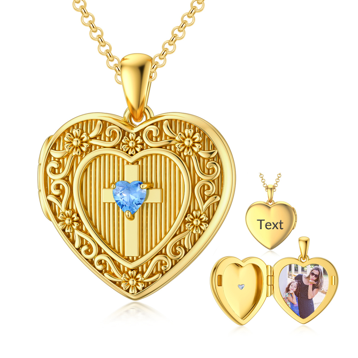 Plata de ley con chapado en oro amarillo Cruz en forma de corazón Cubic Zirconia Personalizada Birthstone Grabación Personalizada Foto Locket Collar-1