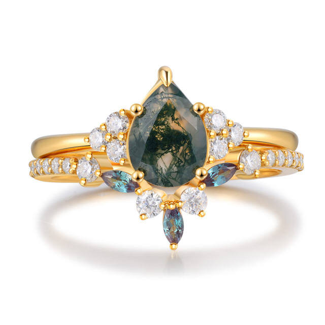 Sterling Silver with Rose Gold Plated Pear Shaped Moss Agate Personalized Engraving Engagement Ring-0