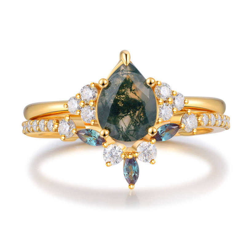 Sterling Silver with Rose Gold Plated Pear Shaped Moss Agate Personalized Engraving Engagement Ring