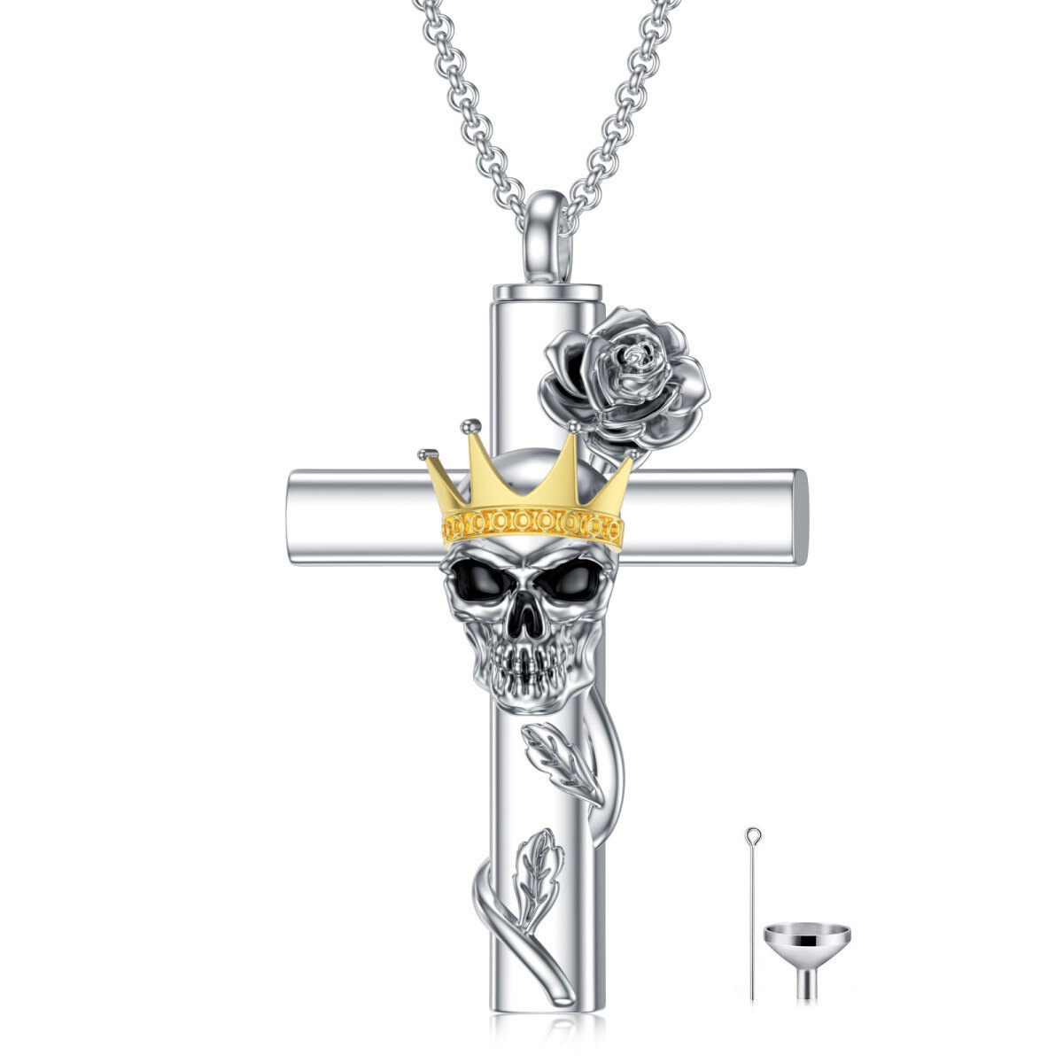 Sterling Silver Two-tone Rose & Cross & Crown & Skull Urn Necklace for Ashes-1