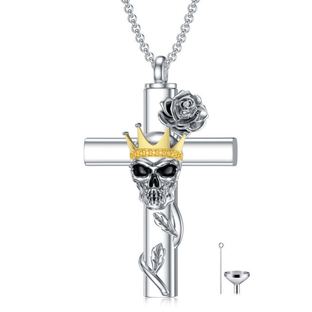 Sterling Silver Two-tone Rose & Cross & Crown & Skull Urn Necklace for Ashes-0
