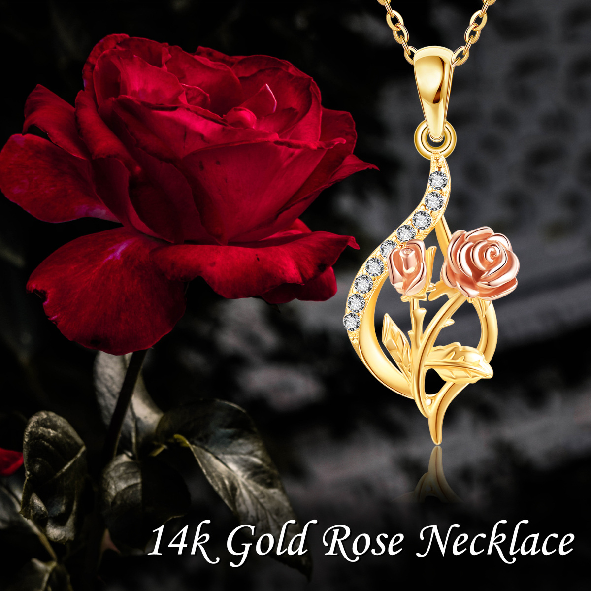 14K Gold Halskette mit kreisförmigem Rosenanhänger und Zirkonia-6