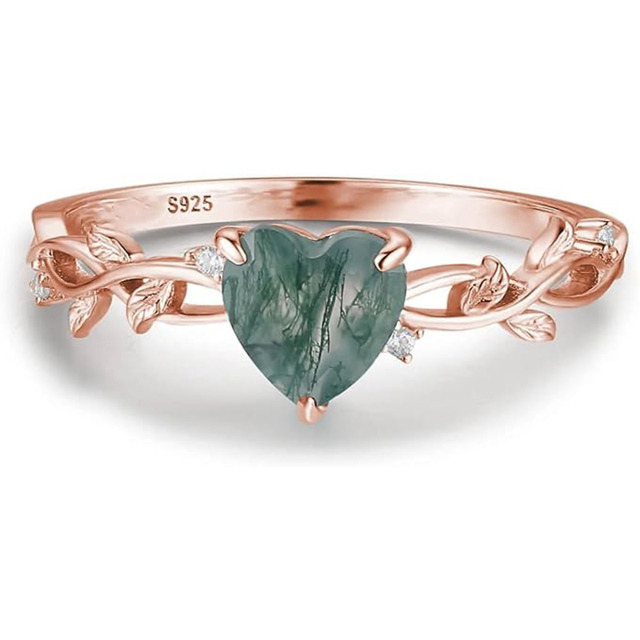 Prata esterlina Casal de ágata musgo em forma de coração e anel de noivado em forma de cor-3