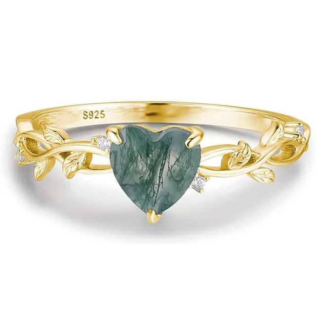 Prata esterlina Casal de ágata musgo em forma de coração e anel de noivado em forma de cor-4