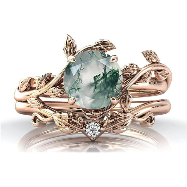Sterling Silver with Rose Gold Plated Round Moss Agate & Personalized Engraving Leaves Engagement Ring-7