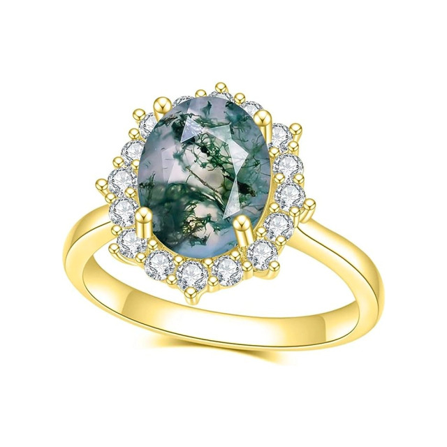 Sterling Silver with Rose Gold Plated Moss Agate Oval Shaped Engagement Ring-0