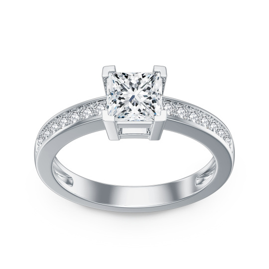 Srebrny okrągły pierścionek zaręczynowy w kształcie księżniczki w kształcie kwadratu Moissanite