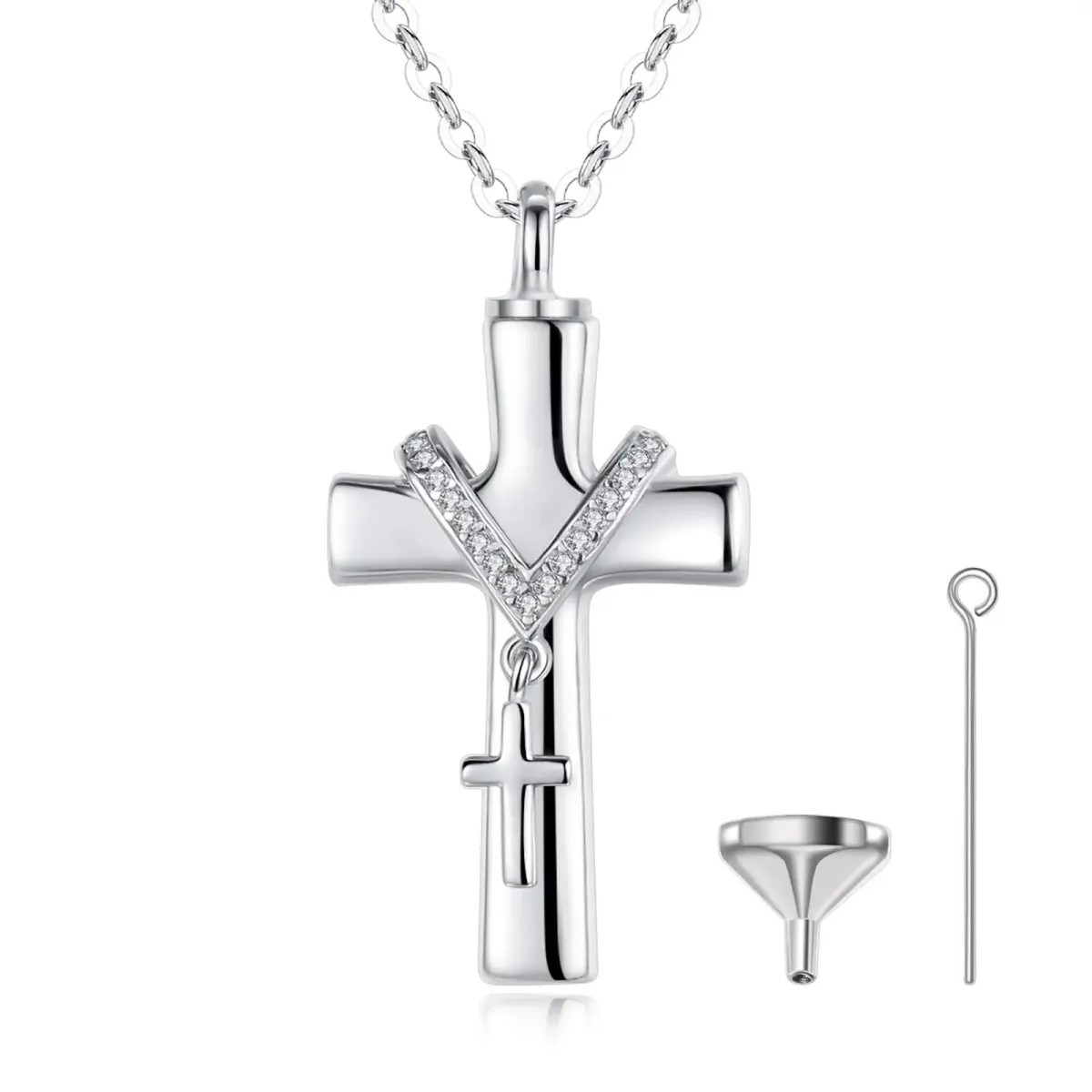 Sterling Silver Cubic Zirconia Cross Urn Necklace for Ashes-1